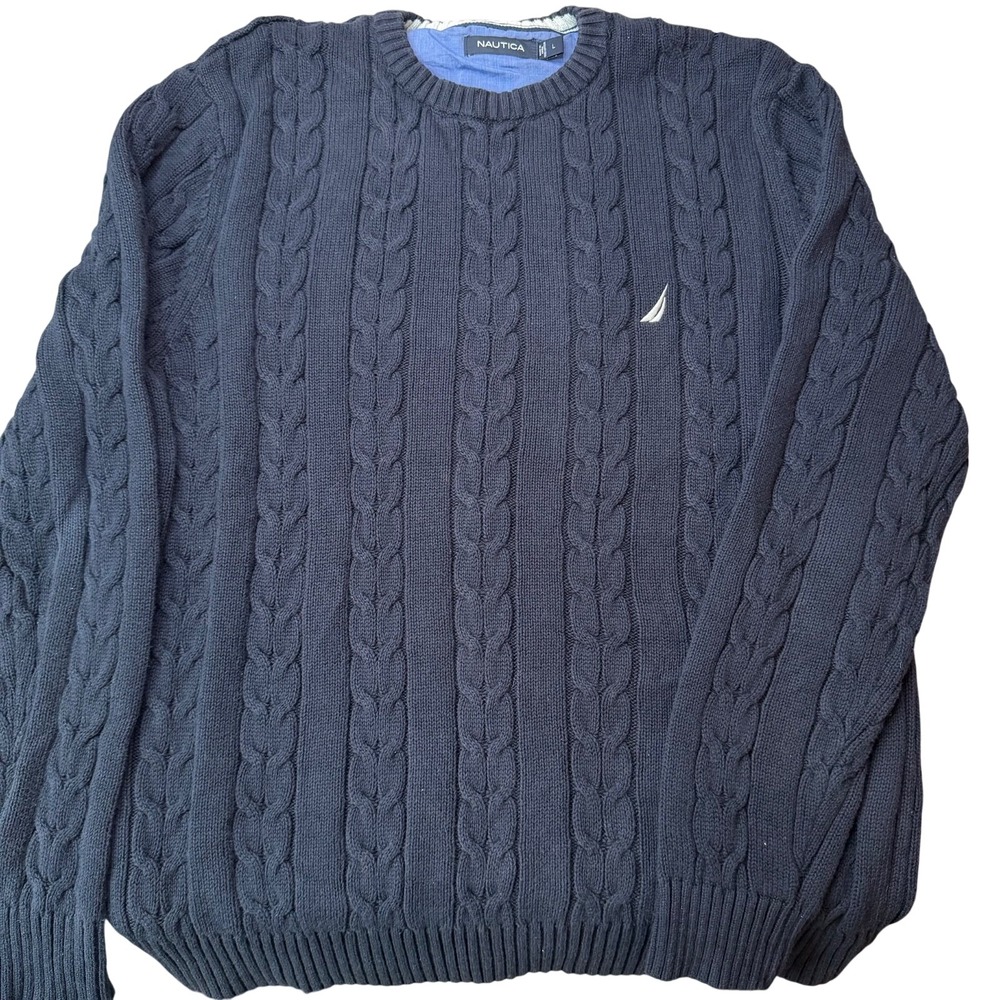 Nautica Sweater Mens Large Cotton Blue Pullover Cable Knit Sailboat Logo Casual